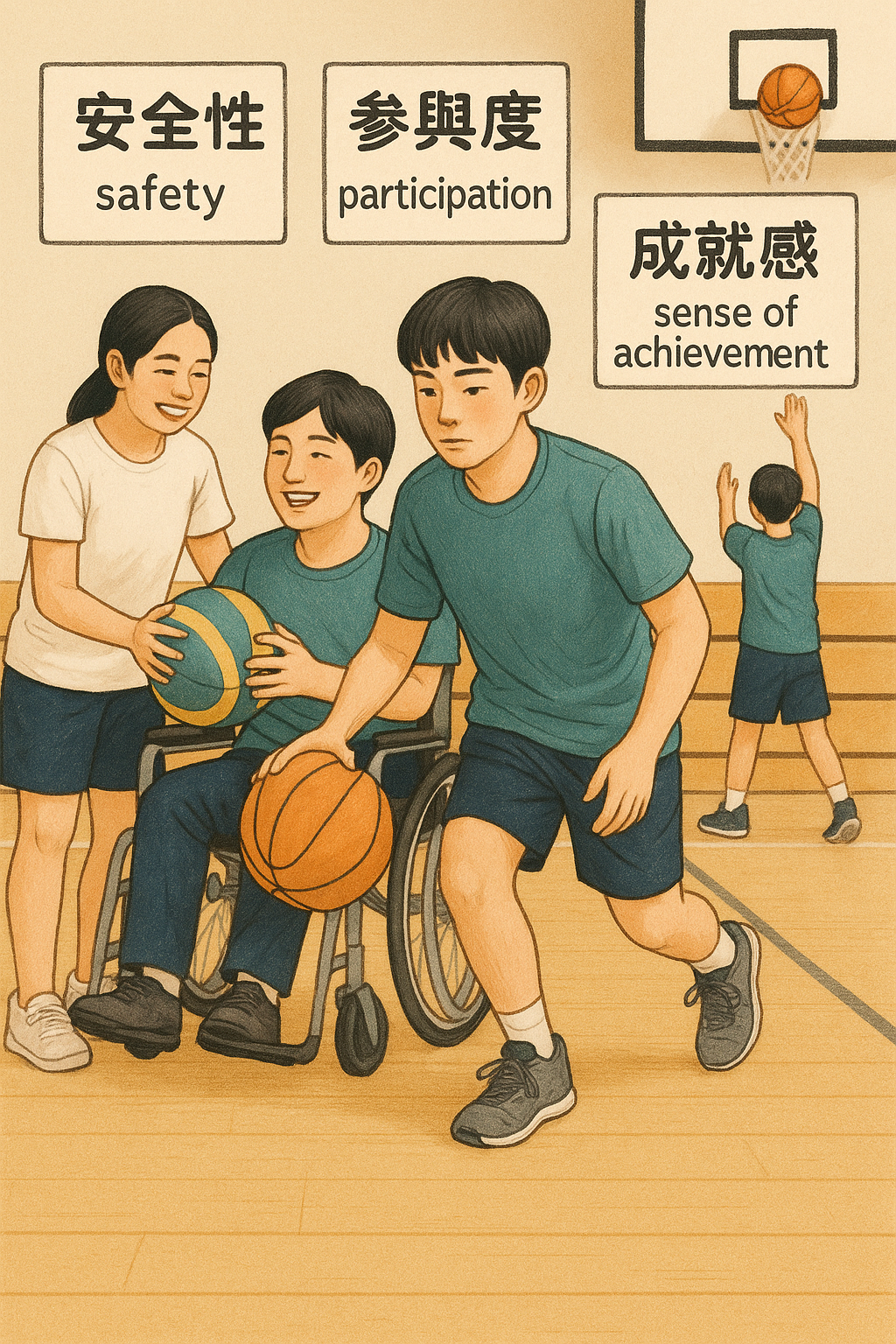 適應體育的核心理念:安全性、參與度、成就感。