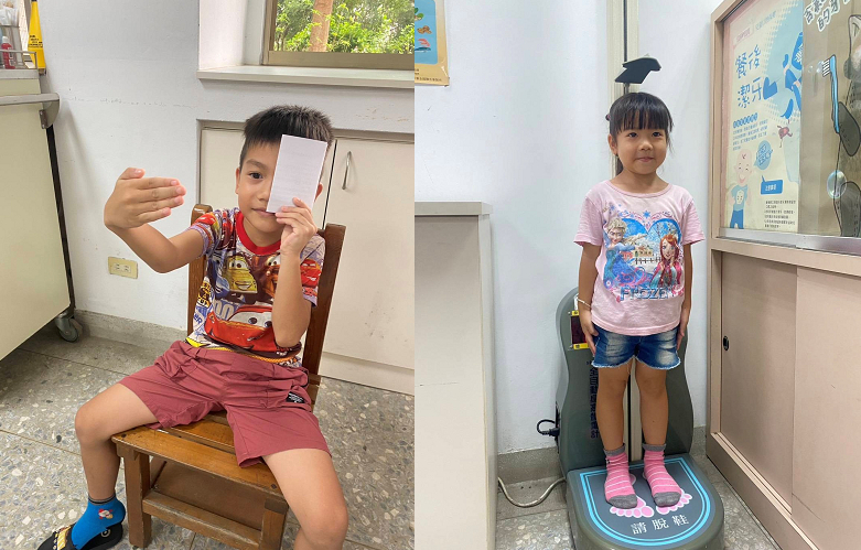 掌握身體狀況是健康體位的基本功（左圖：量視力，右圖：量身高體重）（圖片1）