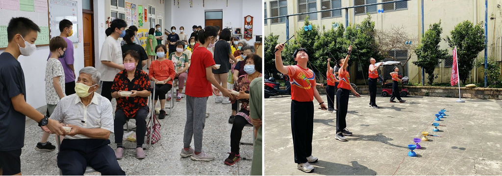 孩子在服務學習中成為行善者（左：分送長者手作蛋炒飯／右：用扯鈴表演為長者送祝福）（圖片1）