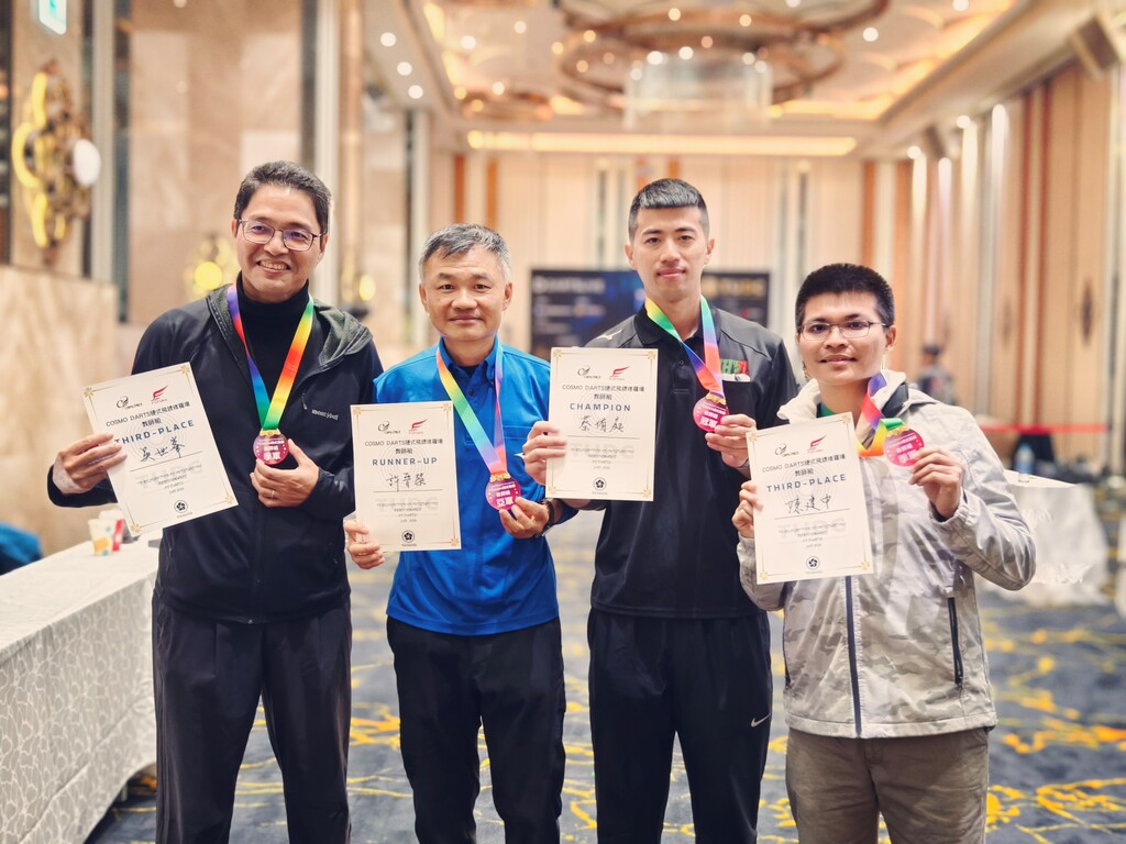 TUDC硬靶賽教師組向上國中蔡侑庭老師(右2)第一名與許晉榮老師(左2)第二名（圖片4）
