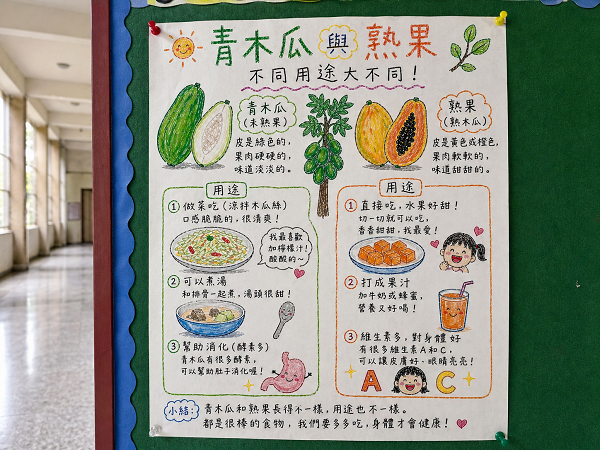 將青木瓜與熟果的不同用途，轉化為生活與學習的連結。（圖片1）