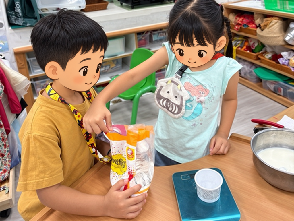 孩子按比例將材料加進碗中